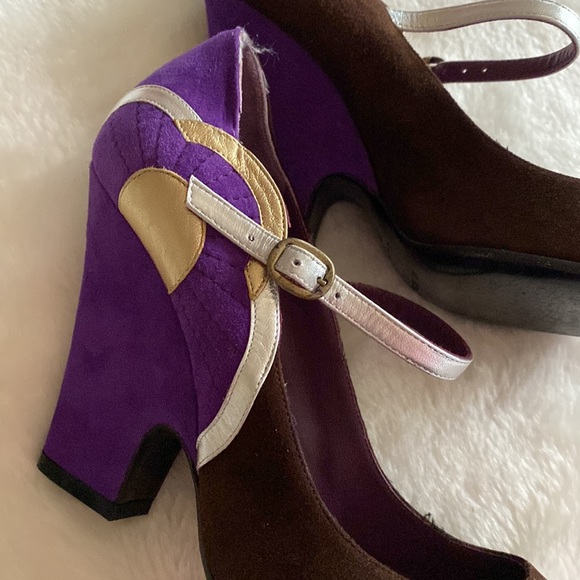 EUC MARC JACOBS Brown & Purple Mary Jane Color Block Metallic Accents Sz 37 1/2 - Picture 12 of 16